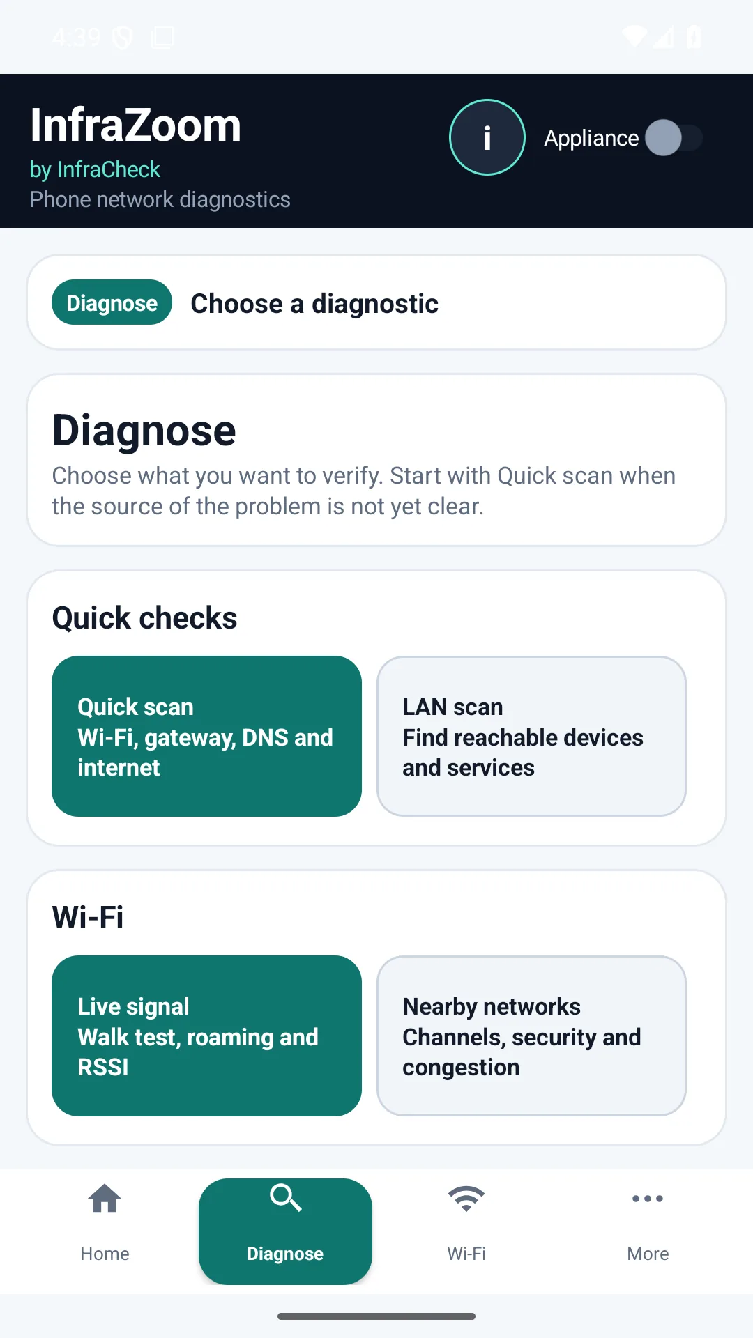 InfraZoom Diagnose hub for professional support workflows