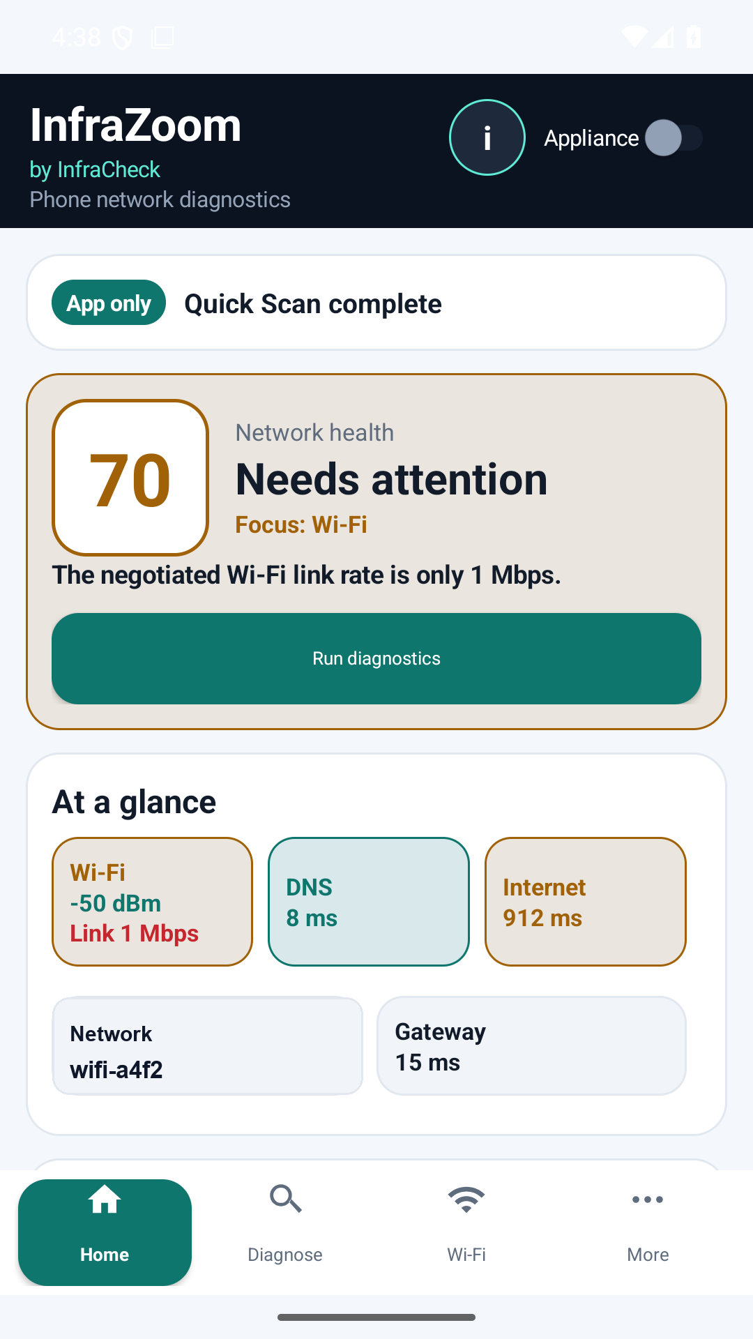 InfraZoom Quick Scan que muestra diagnósticos de Internet y Wi-Fi en capas