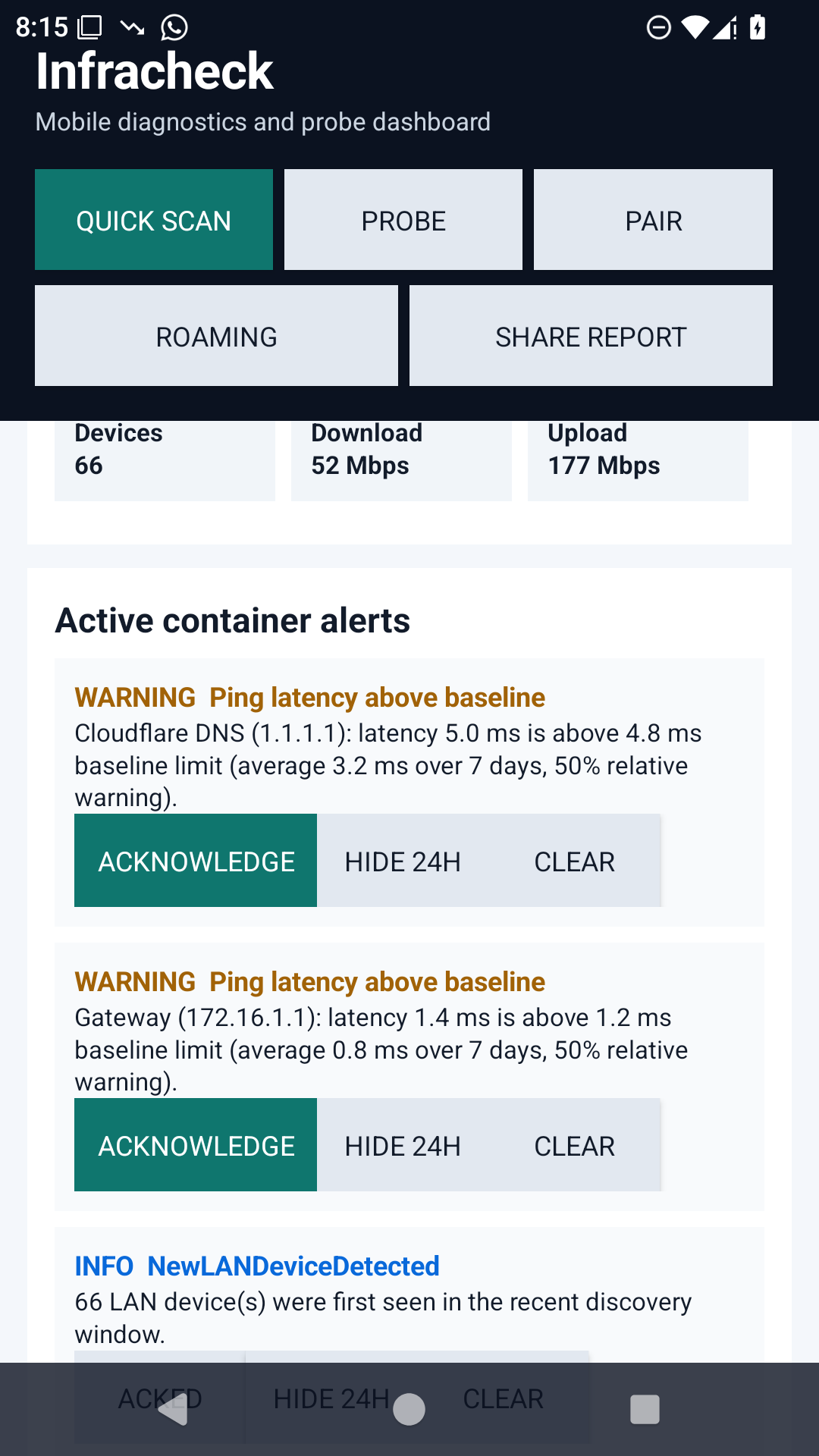 Infracheck app diagnostics screen