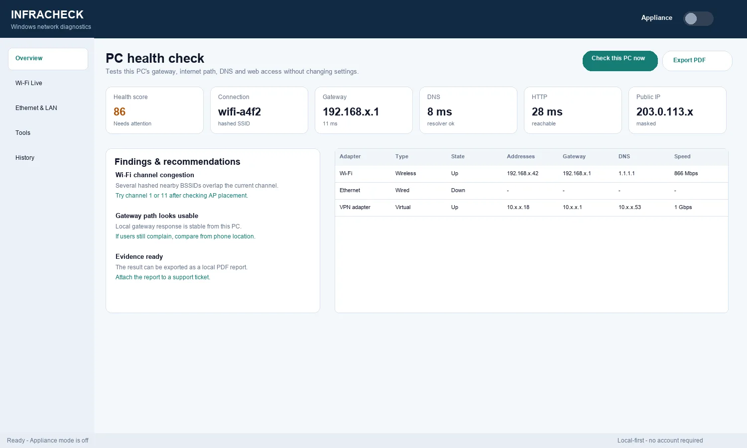Infracheck Windows overview with masked private network details